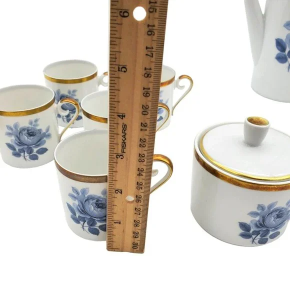 1940s Hackefors Porslin Sweden Coffee‎ Pot Teapot Set Demitasse Blue Floral Gold
